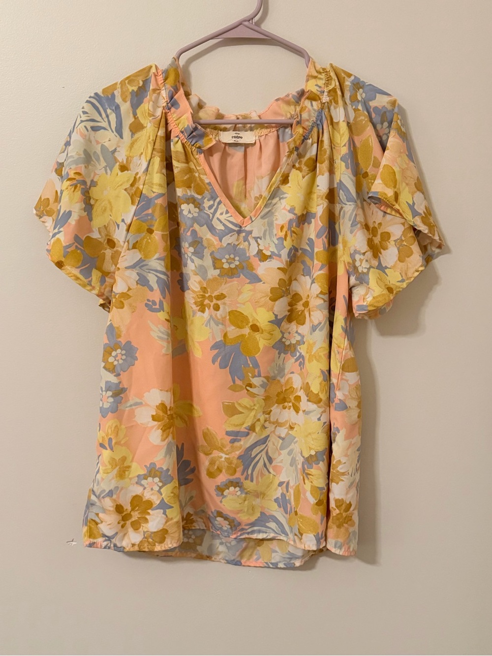 entro Peach and Yellow Floral V-Neck Blouse